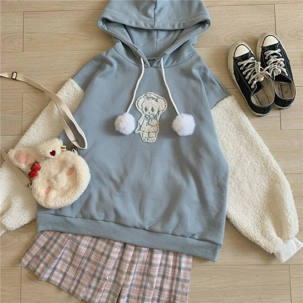 Autumn Kawaii Lolita Women Hooded Sweatshirt Solid Lamb Embroidery Patchwork Fleece Long Sleeve Hoodies Pullover Velvet Moletom Mijn winkel
