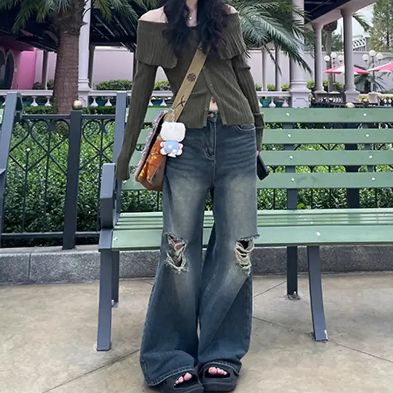 Retro Washed Ripped Jeans For Women Mijn winkel