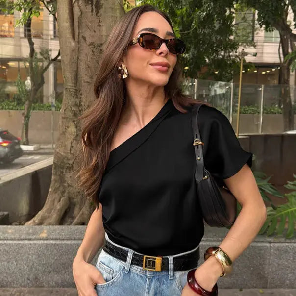 Irregular Collar Matte Color Fashion Tops Women Mijn winkel