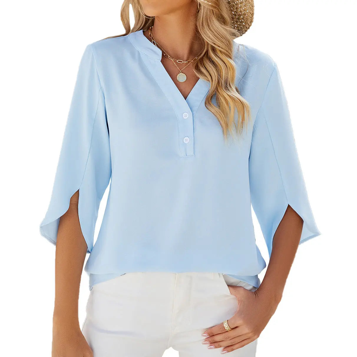 Button V-neck Mid-sleeve Chiffon Shirt Solid Color Top Womens Clothing Mijn winkel