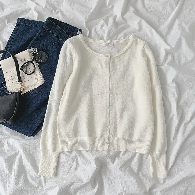 Small pure color sweater new spring women"s fashion lazy style round neck long sleeve single breasted cardigan fashion Mijn winkel