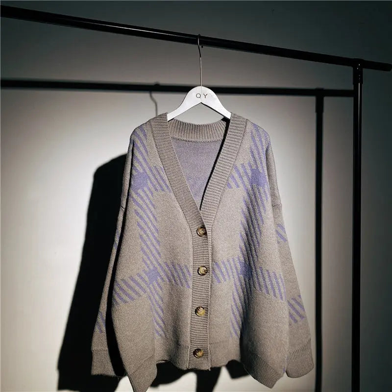 Retro Plaid Sweater Cardigan Women s Jacket Mijn winkel