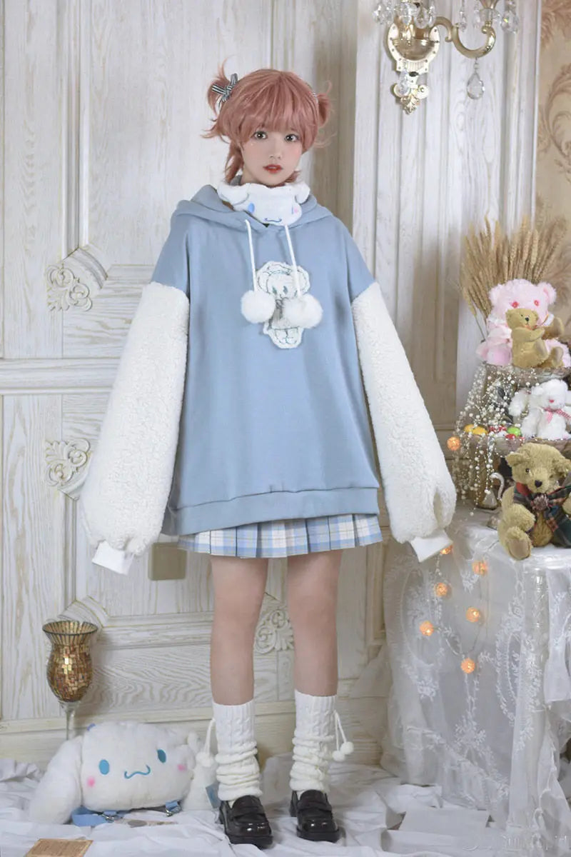 Autumn Kawaii Lolita Women Hooded Sweatshirt Solid Lamb Embroidery Patchwork Fleece Long Sleeve Hoodies Pullover Velvet Moletom Mijn winkel
