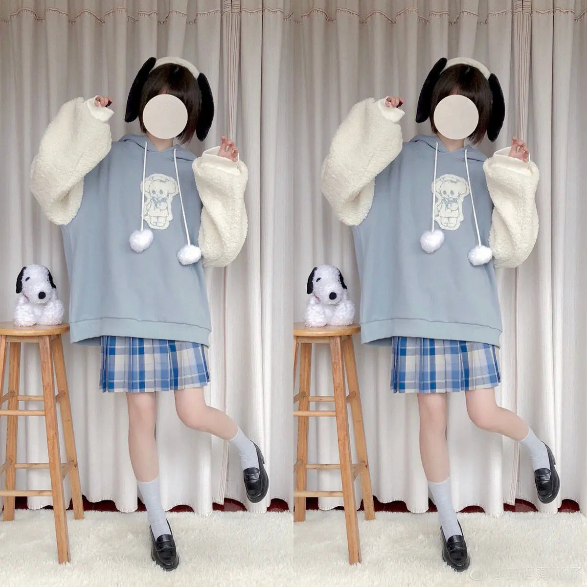 Autumn Kawaii Lolita Women Hooded Sweatshirt Solid Lamb Embroidery Patchwork Fleece Long Sleeve Hoodies Pullover Velvet Moletom Mijn winkel