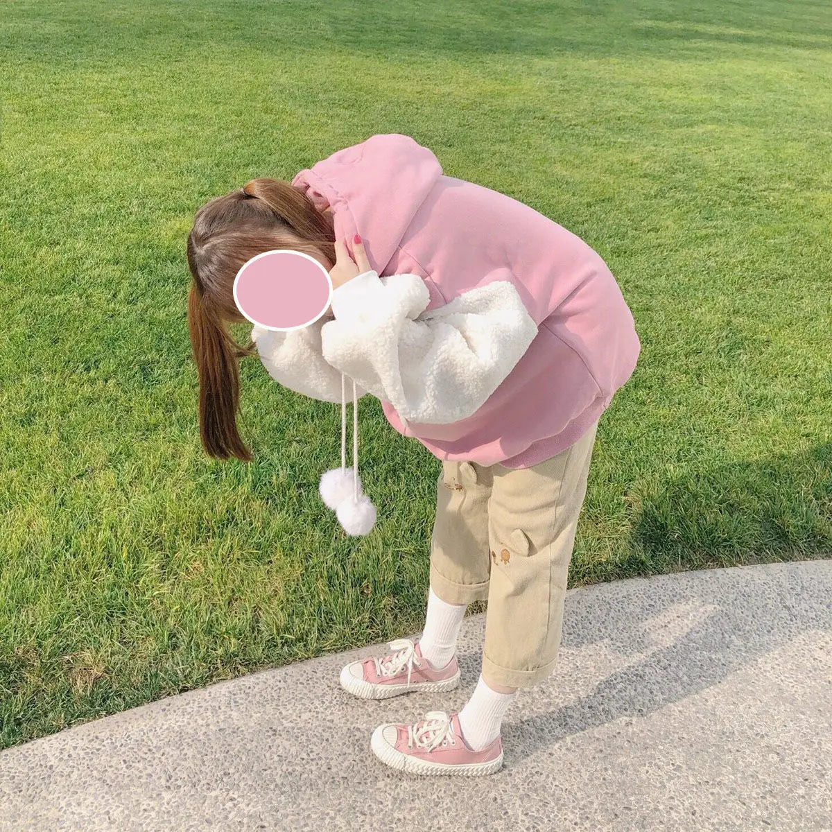 Autumn Kawaii Lolita Women Hooded Sweatshirt Solid Lamb Embroidery Patchwork Fleece Long Sleeve Hoodies Pullover Velvet Moletom Mijn winkel