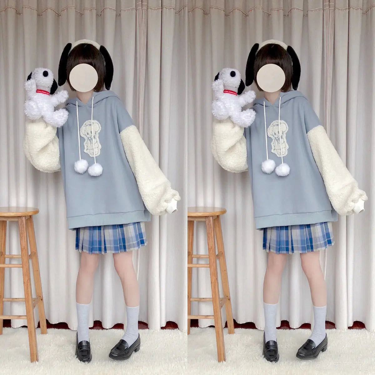 Autumn Kawaii Lolita Women Hooded Sweatshirt Solid Lamb Embroidery Patchwork Fleece Long Sleeve Hoodies Pullover Velvet Moletom Mijn winkel