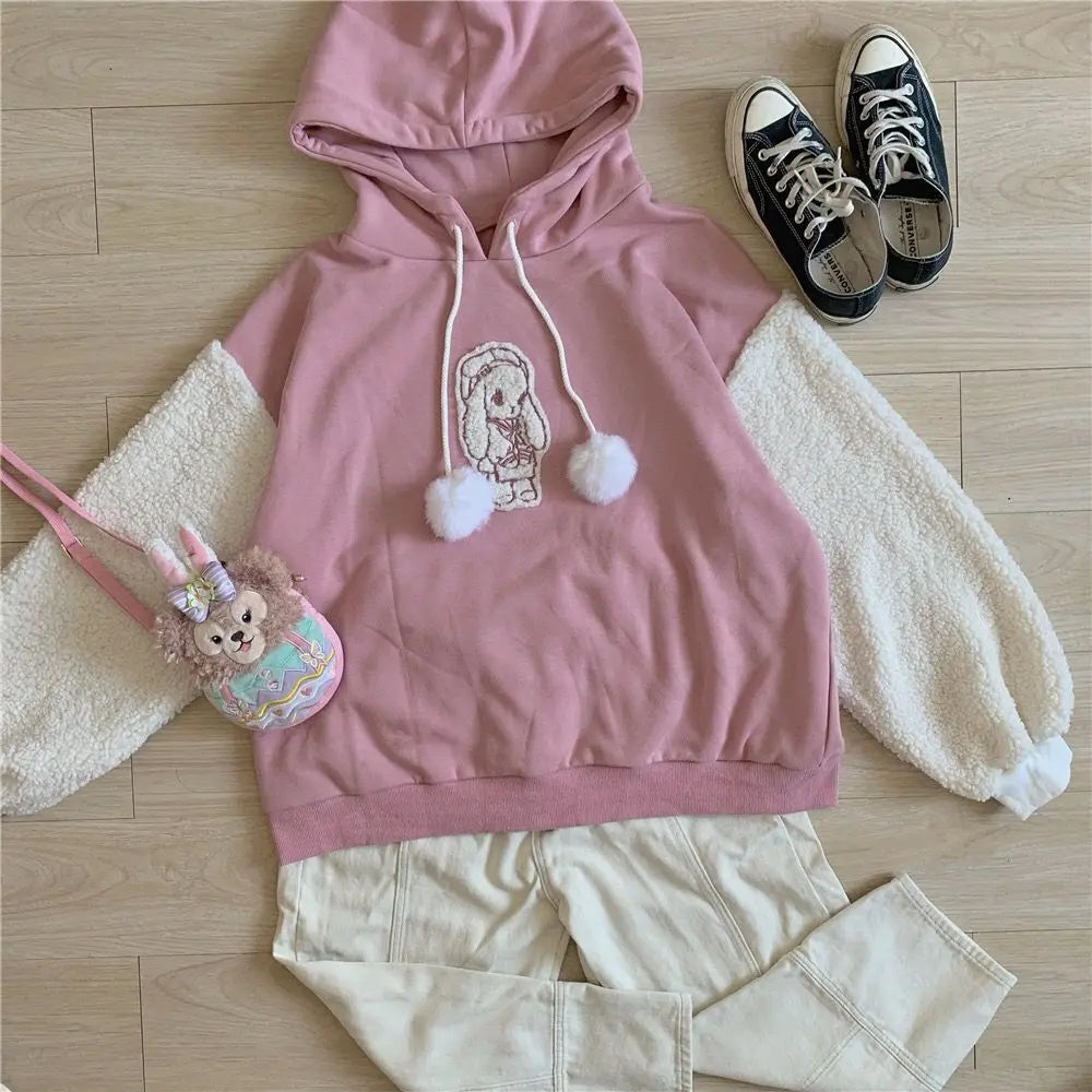 Autumn Kawaii Lolita Women Hooded Sweatshirt Solid Lamb Embroidery Patchwork Fleece Long Sleeve Hoodies Pullover Velvet Moletom Mijn winkel