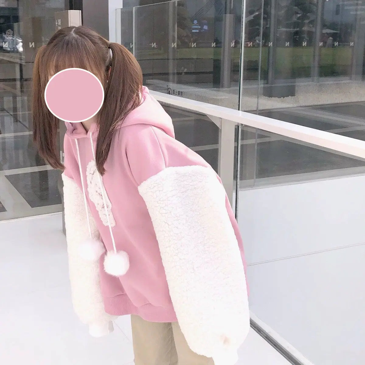 Autumn Kawaii Lolita Women Hooded Sweatshirt Solid Lamb Embroidery Patchwork Fleece Long Sleeve Hoodies Pullover Velvet Moletom Mijn winkel