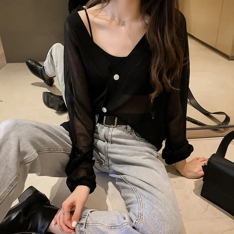 Women Spring Summer Cardigans V Neck Transparent Mijn winkel