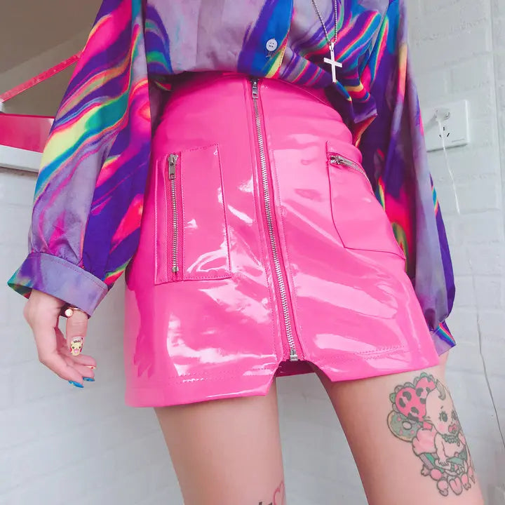 Women High Waist Pink Pu Leather Skirts with Pocket Zipper Mijn winkel