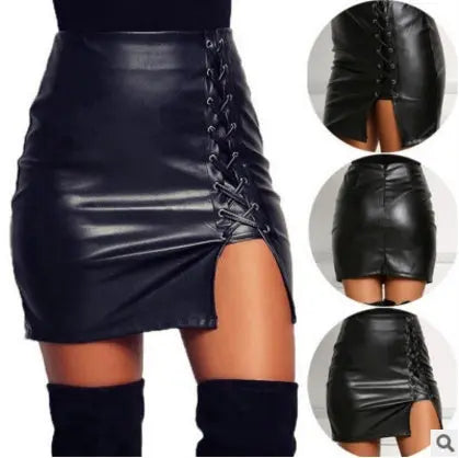 Black Lace Up PU Leather Skirts Mijn winkel