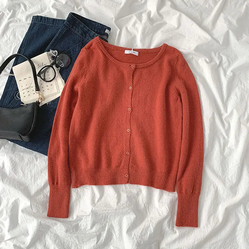 Small pure color sweater new spring women"s fashion lazy style round neck long sleeve single breasted cardigan fashion Mijn winkel