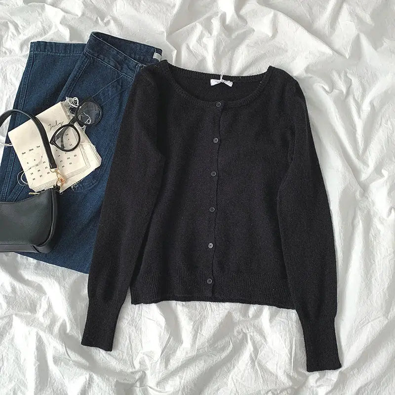 Small pure color sweater new spring women"s fashion lazy style round neck long sleeve single breasted cardigan fashion Mijn winkel