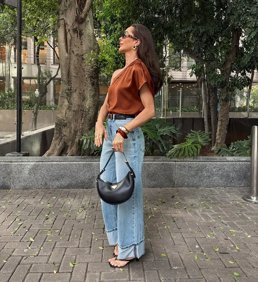 Irregular Collar Matte Color Fashion Tops Women Mijn winkel