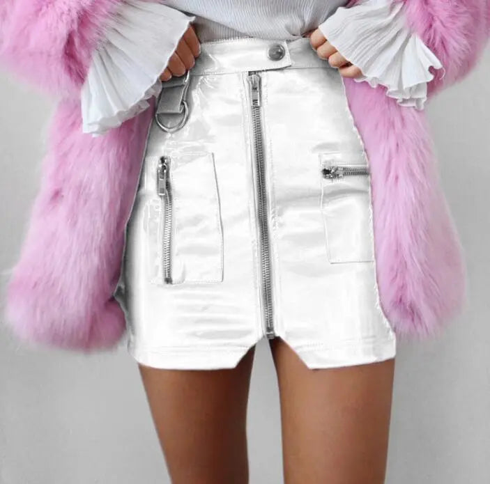Women High Waist Pink Pu Leather Skirts with Pocket Zipper Mijn winkel