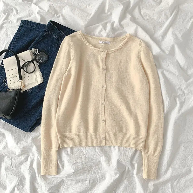 Small pure color sweater new spring women"s fashion lazy style round neck long sleeve single breasted cardigan fashion Mijn winkel