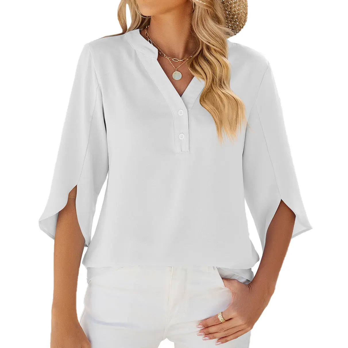 Button V-neck Mid-sleeve Chiffon Shirt Solid Color Top Womens Clothing Mijn winkel
