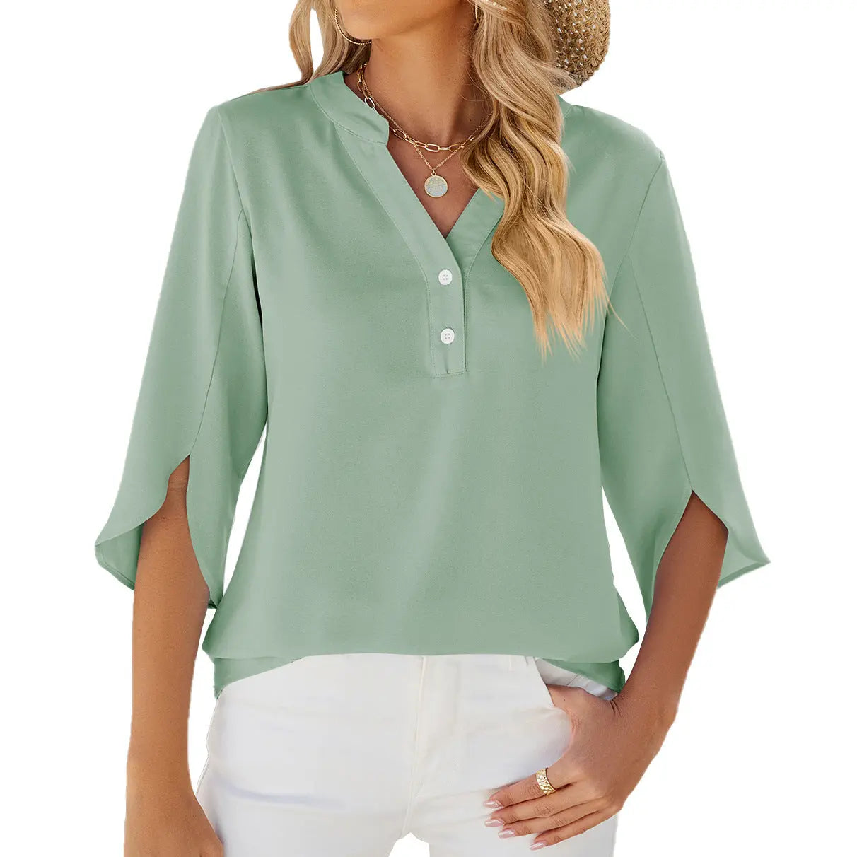 Button V-neck Mid-sleeve Chiffon Shirt Solid Color Top Womens Clothing Mijn winkel