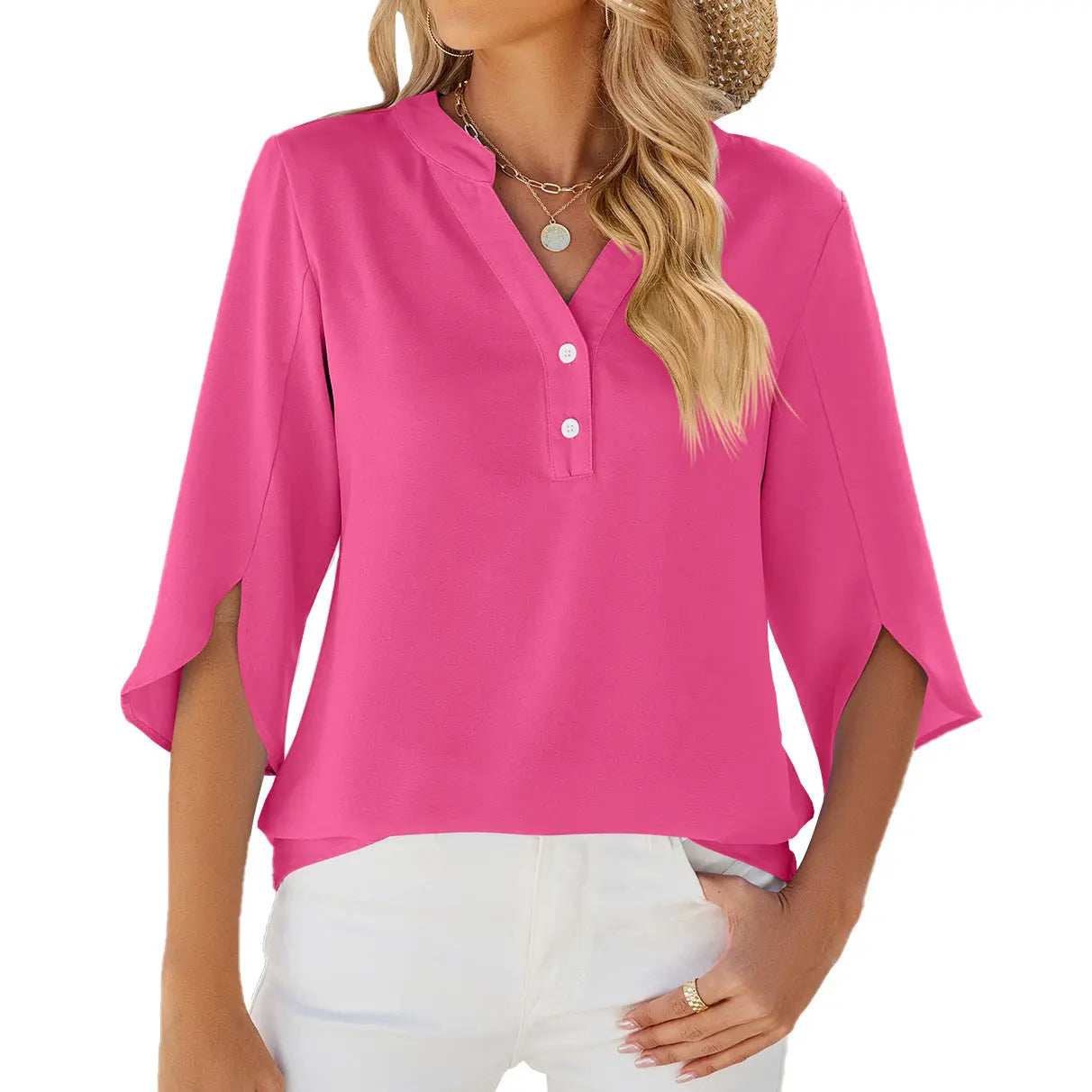 Button V-neck Mid-sleeve Chiffon Shirt Solid Color Top Womens Clothing Mijn winkel