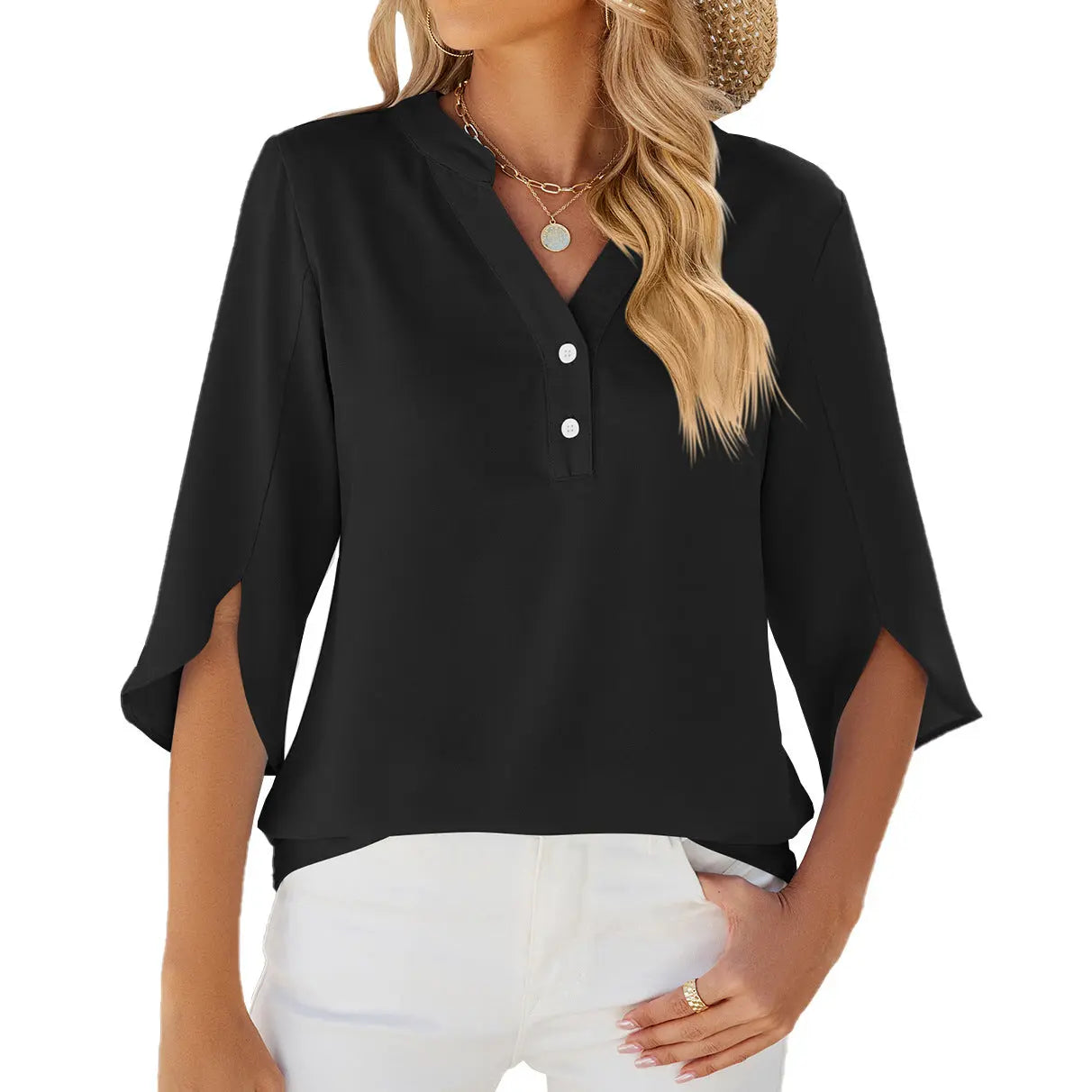 Button V-neck Mid-sleeve Chiffon Shirt Solid Color Top Womens Clothing Mijn winkel