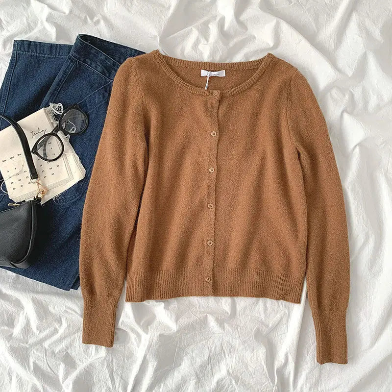 Small pure color sweater new spring women"s fashion lazy style round neck long sleeve single breasted cardigan fashion Mijn winkel