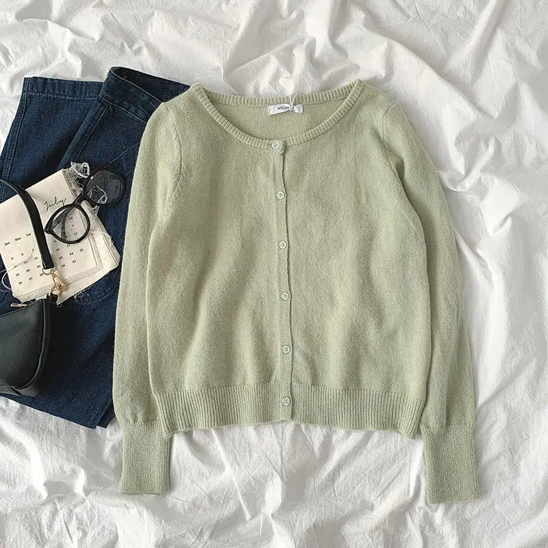 Small pure color sweater new spring women"s fashion lazy style round neck long sleeve single breasted cardigan fashion Mijn winkel