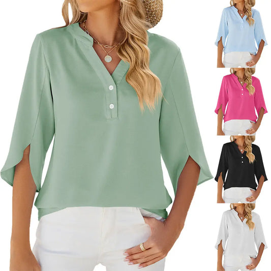 Button V-neck Mid-sleeve Chiffon Shirt Solid Color Top Womens Clothing Mijn winkel